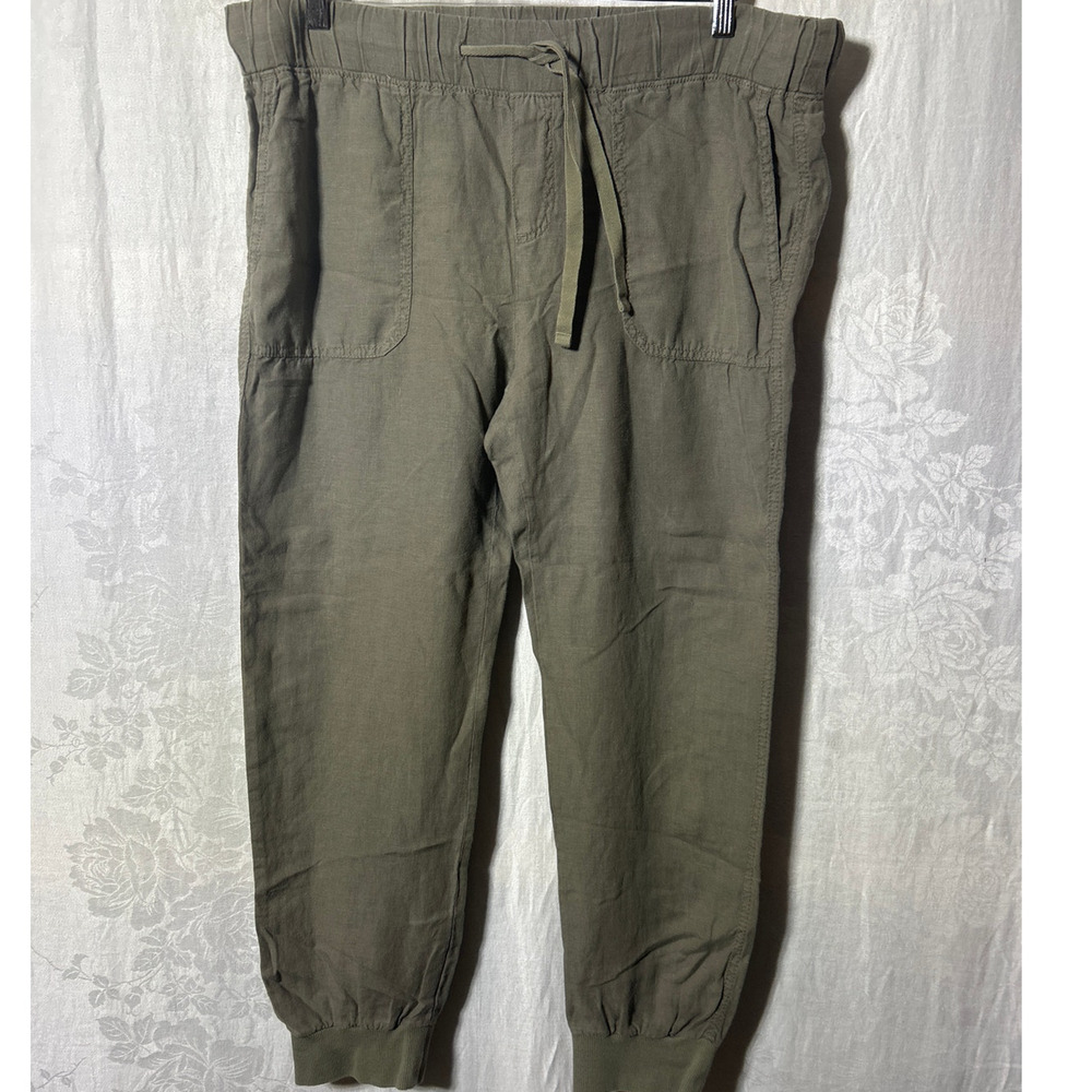 Caslon 100% Linen Pants Joggers Small Olive Green Pull On Drawstring.